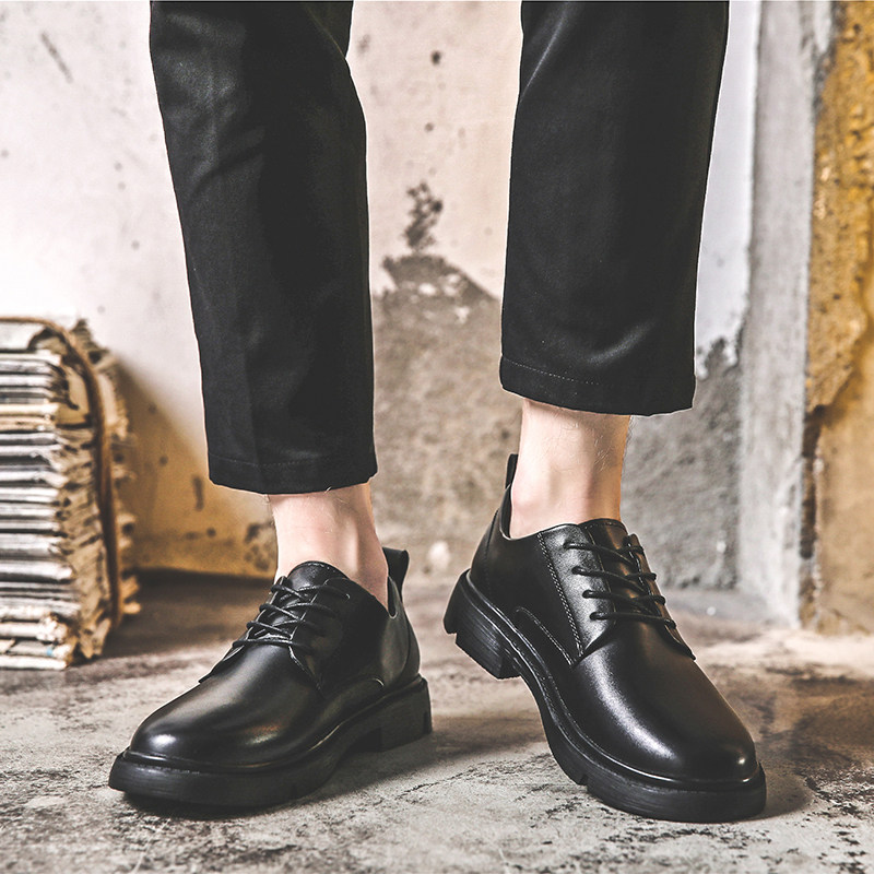 圆头小皮鞋男韩版潮流百搭学生增高黑色大头鞋休闲透气工作西装鞋