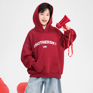 男童红色本命年加绒连帽卫衣儿童冬季新款加厚保暖新年上衣拜年服