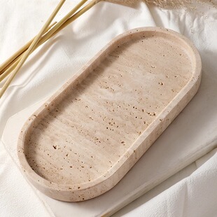 北欧简约米黄洞石椭圆托盘电视柜玄关钥匙扣轻奢装 饰摆件家居梳妆