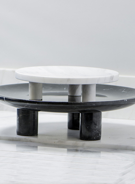 高档轻奢客厅大理石果盘黑色圆形装饰摆件高端大气果盘绿植苔藓盘