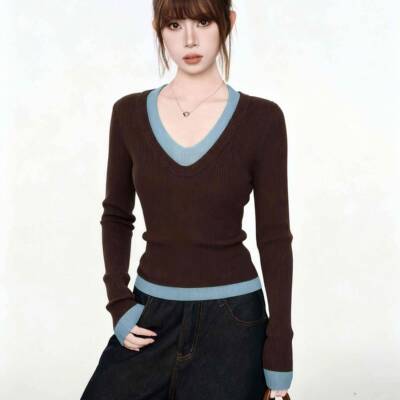 咖假两件色女色领袖长V毛衣针织衫秋季修身内搭打IMV底衫早撞FZP