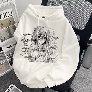 加绒加厚纯棉日系手绘动漫印花连帽卫衣秋冬男女慵懒风情侣款 帽衫