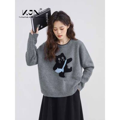灰色圆衫领搭套头毛WI个W衣女2025YCM秋冬新款卡通针小猫内织小子