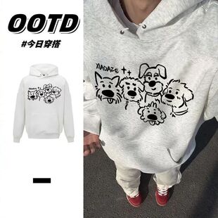 花灰色美式 卡通小狗印花连帽卫衣男女情侣秋冬加厚加绒慵懒风帽衫