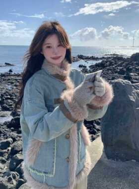 蓝色牛仔OUN绒外套皮毛一冬加厚20独AXY2体年5新款特好女季看短加