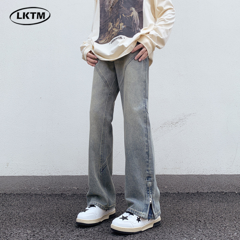 LKTM男装#美式复古裤脚拉链微喇牛仔裤男ins青少年高街潮牌