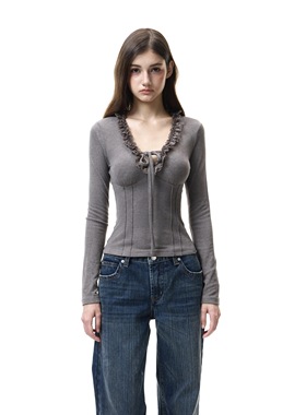 现货Fri11 韩系复古磨毛蕾丝花边多样系带长袖秋冬打底长袖上衣女