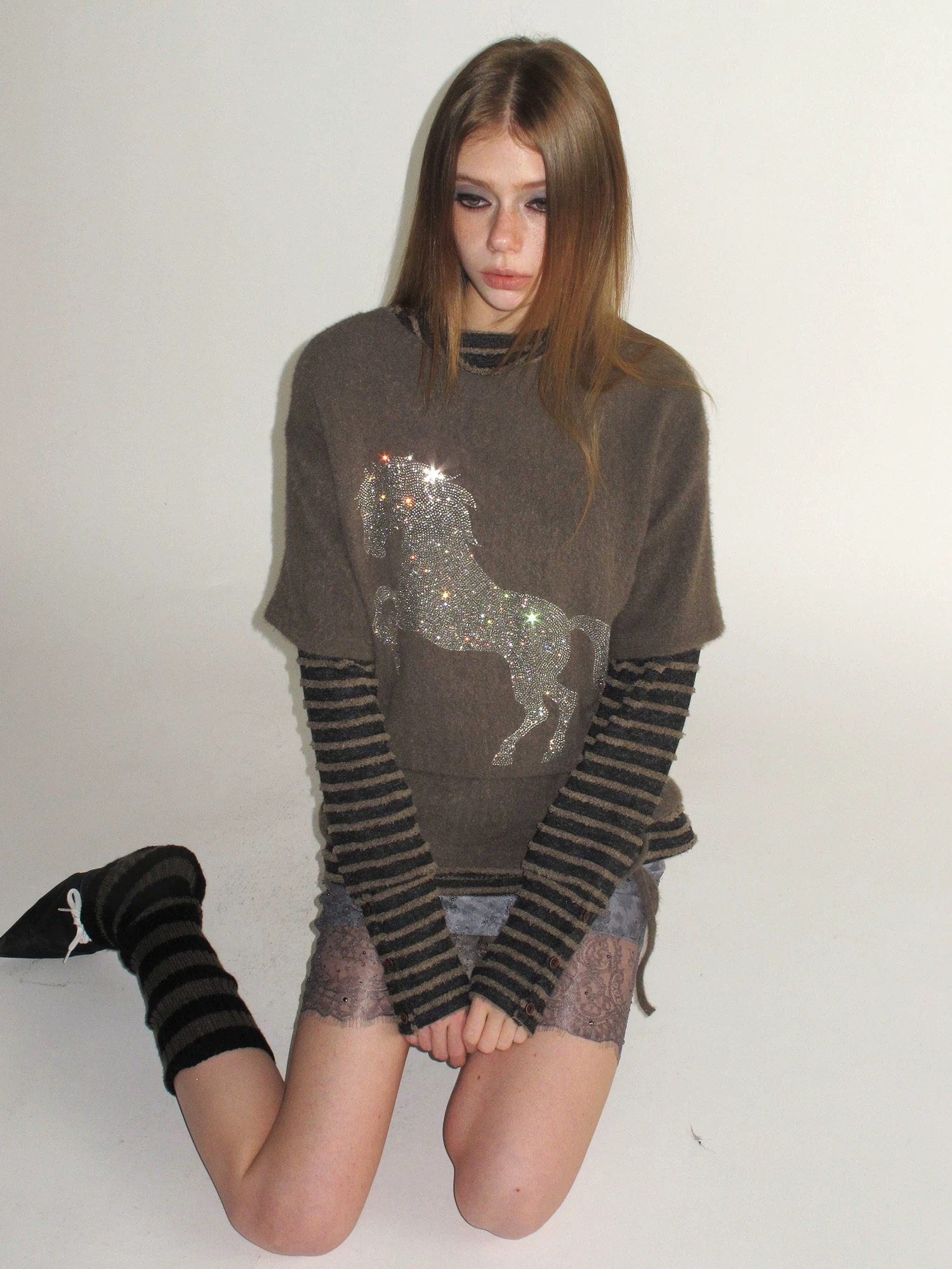 杂食universe 复古小马烫钻堆堆领针织假两件长袖T恤女千禧风上衣,女装/女士精品,T恤,淘宝优惠券,粉丝福利购,淘宝优惠卷