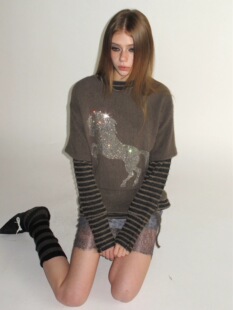 杂食universe 复古小马烫钻堆堆领针织假两件长袖T恤女千禧风上衣