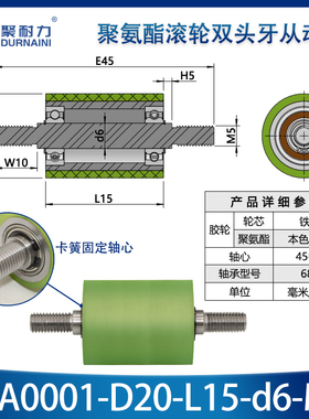 RBA-20现货聚氨酯包胶碳钢无动力滚筒带双轴承配双头牙轴芯辊轮
