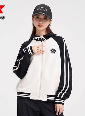 特步运动外套女2024秋季新款宽松休闲针织连帽上衣976328940213