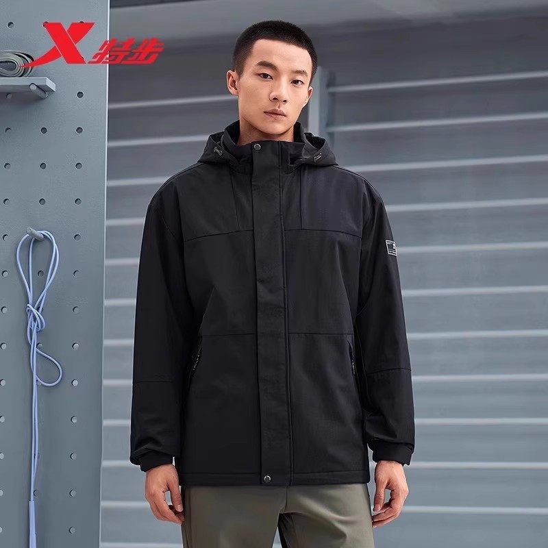 特步男款冲锋衣2024冬季新款防风衣梭织加绒保暖风衣运动外套男