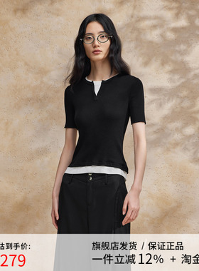 播假两件针织t恤女商场同款夏季气质修身法式短袖上衣BDR2SD1609