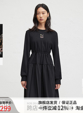 播2024冬季新款黑色刺绣连衣裙女收腰显瘦圆领长裙DDR4LD5102