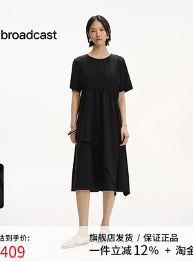 播圆领通勤风黑色短袖连衣裙女25夏季新款不规则长裙DDS2LD5015