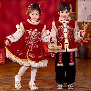 男女童拜年汉服红色新年衣服