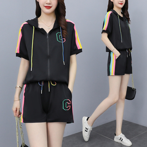 RM19349#胖大码2023新款运动休闲套装女夏两件套潮牌宽松短裤时尚跑