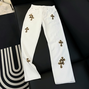 克罗十字架男女宽松直筒长裤 高街豹纹贴皮刺绣美式 新款 潮牌牛仔裤