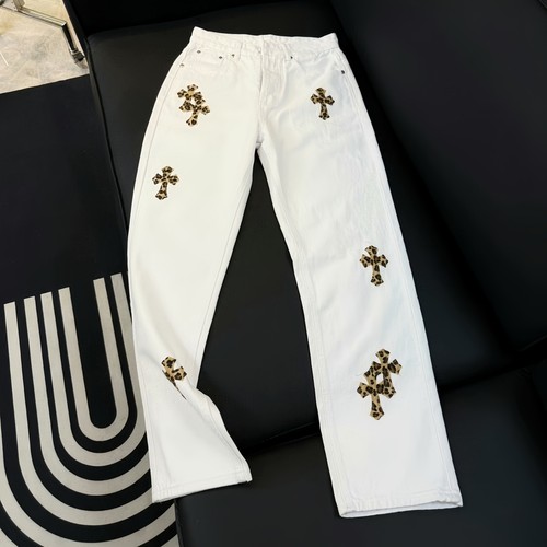 潮牌牛仔裤新款高街豹纹贴皮刺绣美式克罗十字架男女宽松直筒长裤