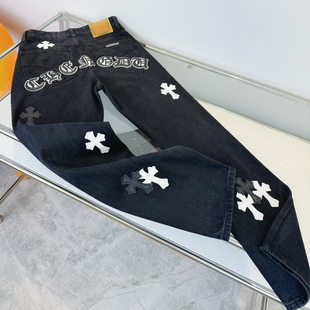 美式高街限定克罗十字架牛仔裤男2025新款宽松潮牌贴皮直筒长裤子