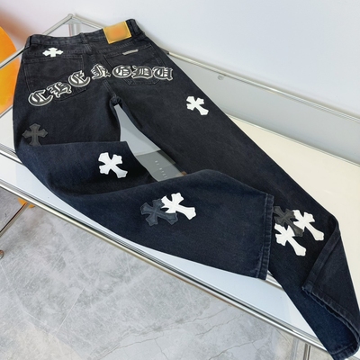 美式高街限定克罗十字架牛仔裤男2025新款宽松潮牌贴皮直筒长裤子