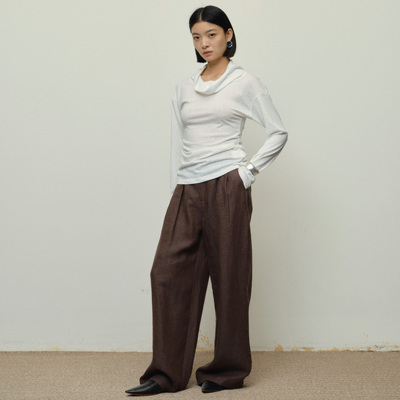长裤高腰棕色宽松简约通勤悠扣