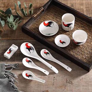 陶瓷公鸡勺汤勺家用长柄勺直勺弯勺汤匙汤勺调羹公鸡碟子贡碗筷架