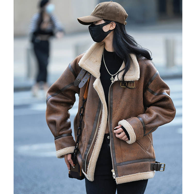 羊羔毛外套女冬季皮毛一体2025新款麂皮绒复古机车服加厚冬天外套