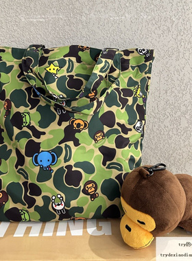 现货 BAPE BABY MILO 绿迷彩小猴子图案 可收纳环保袋 手提单肩包