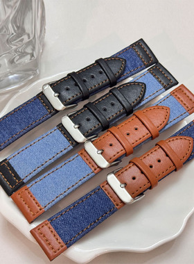 牛仔帆布拼真皮质GT5适用华为手表表带GT3prowatch54荣耀男女22mm