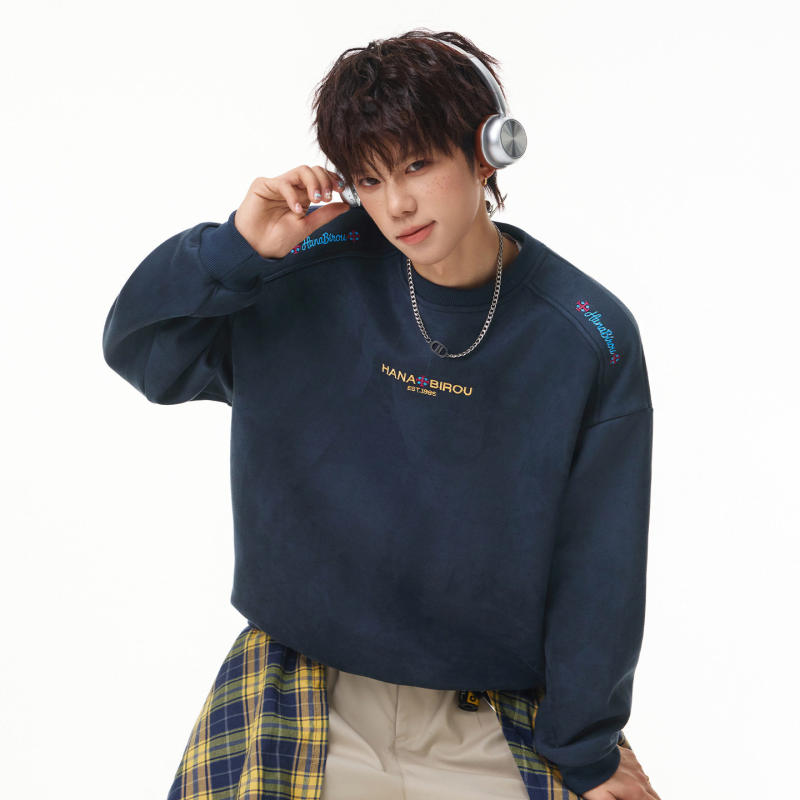 日系宽松套头卫衣男圆领藏青色字母印花基础款外套oversize