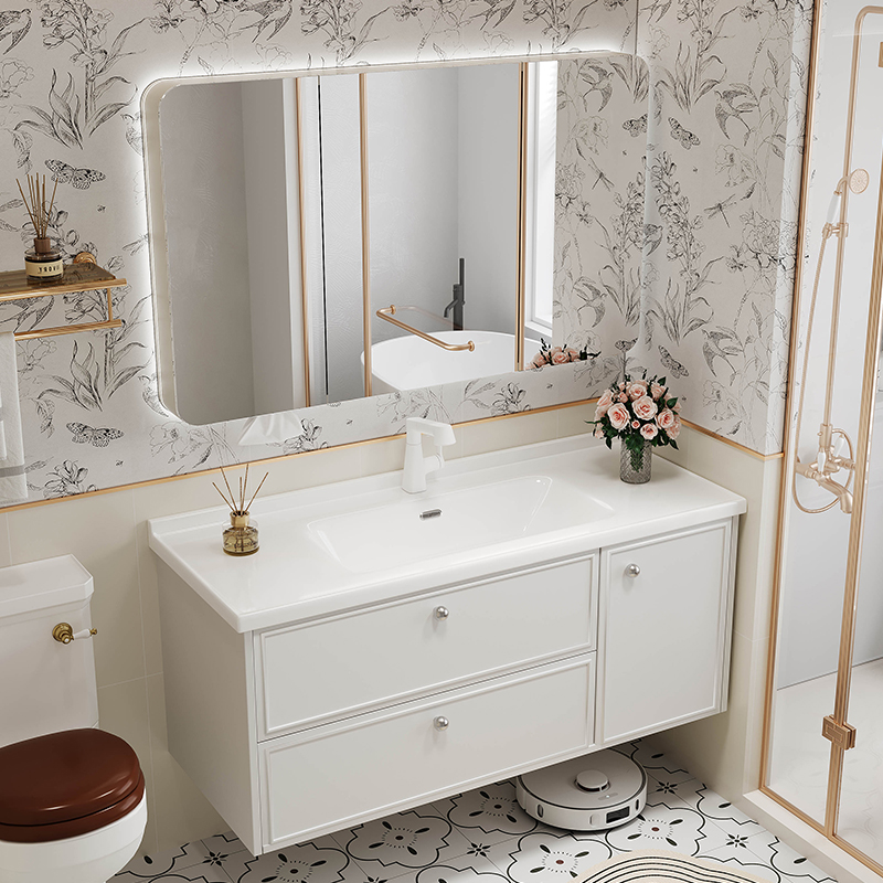 橡木烤漆法式复古浴室柜组合陶瓷一体盆奶油风洗手洗脸洗漱台卫浴