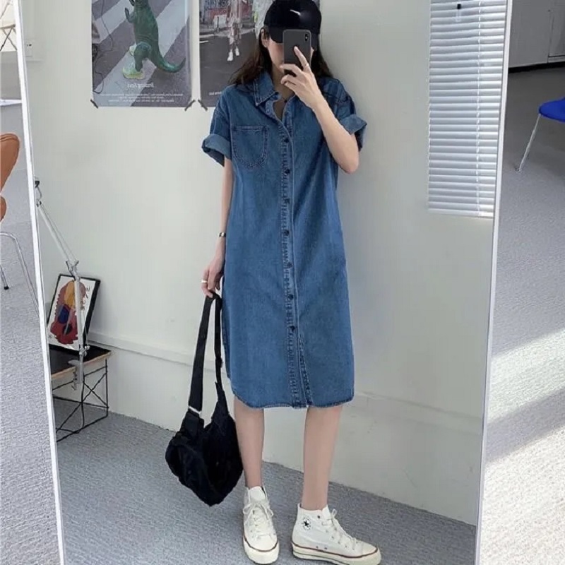 牛仔连衣裙女2021新款排扣衬衫