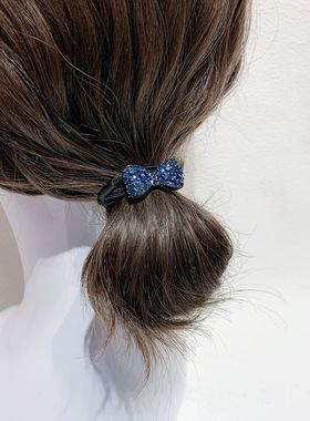 蓝色蝴蝶结闪钻头绳高级感设计扎马尾气质发绳爆款少女丸子头发圈