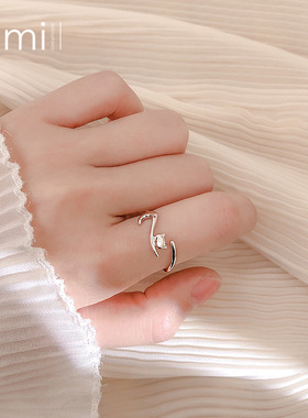 s925银伸懒腰的猫星人开口戒指女创意设计感小众学生指环韩版饰品