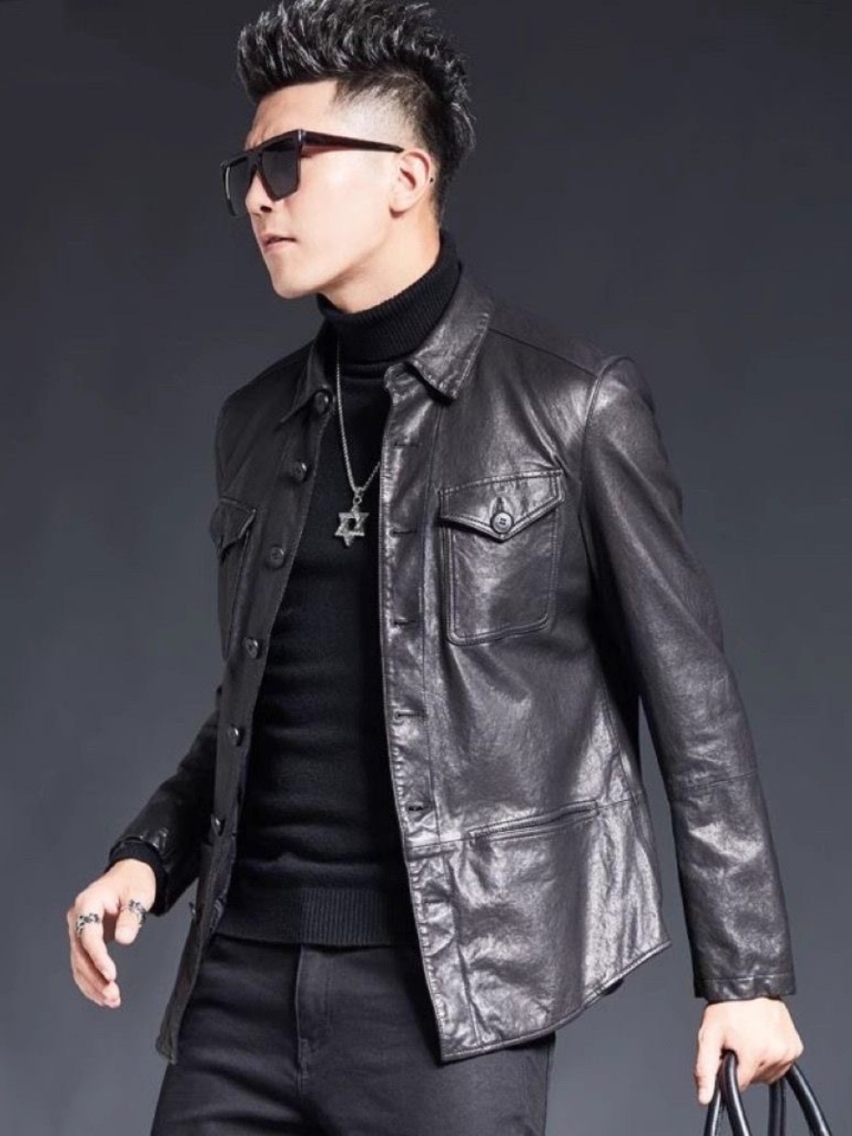 百尊新品皮衣男修身皮夹克薄款衬衫软皮休闲机车商务外套男士潮牌