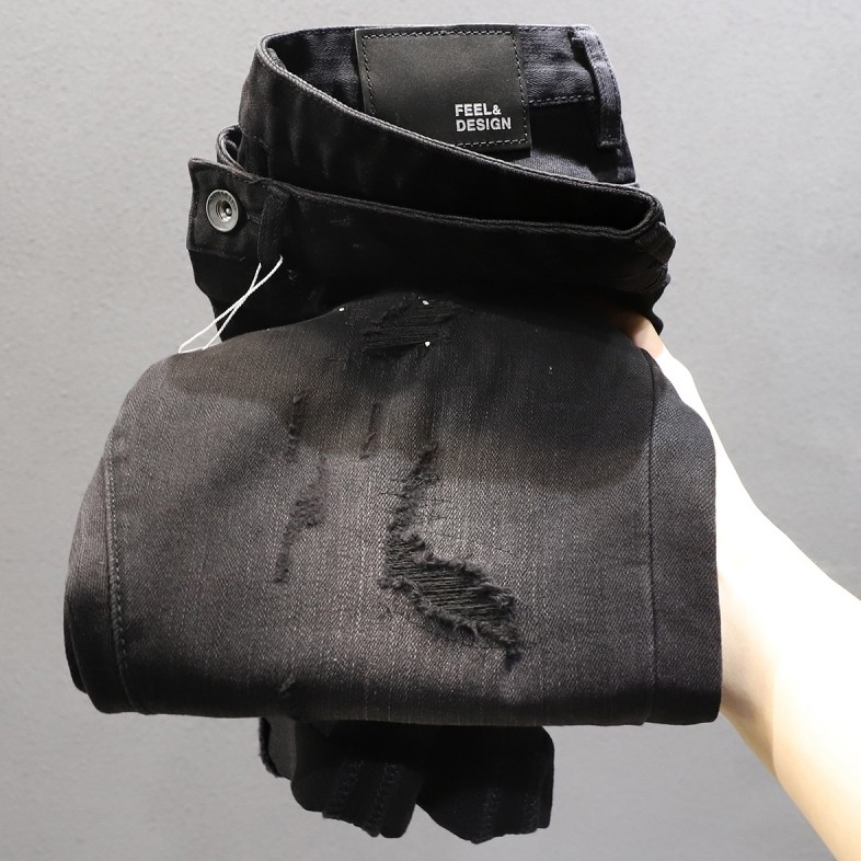 百尊2025新款黑色牛仔裤男款百搭修身小脚破洞裤子秋季厚款长裤男