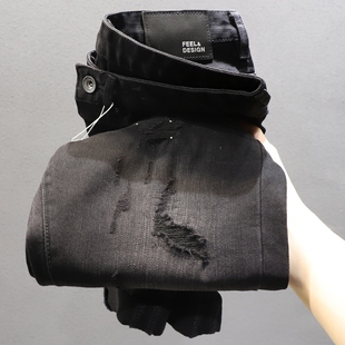 百尊2025新款黑色牛仔裤男款百搭修身小脚破洞裤子秋季厚款长裤男