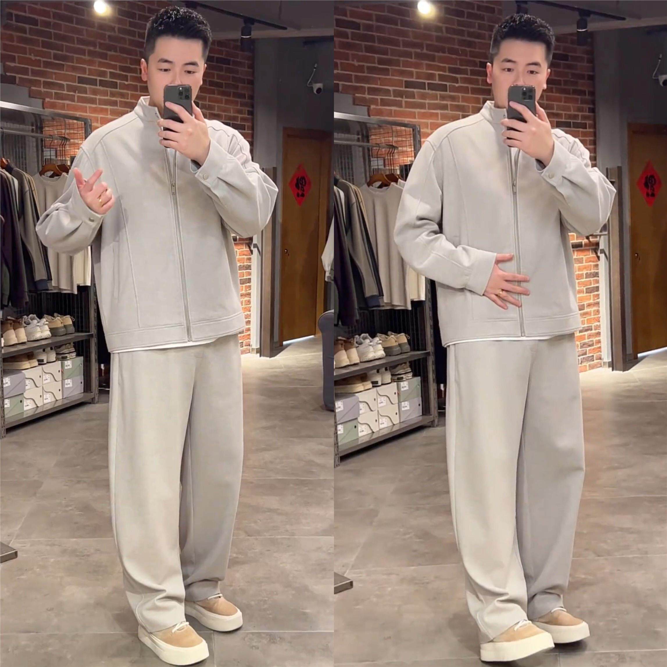 潮牌休闲时尚套装男春季新款老钱风简约百搭开衫厚棉T直筒裤两件