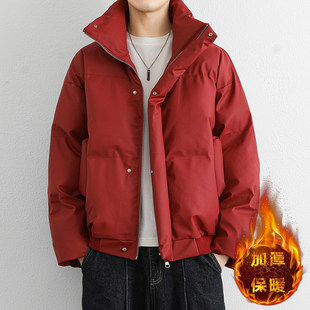 百尊冬季港风立领短款大红色皮棉衣外套男士网红时尚加厚保暖棉服