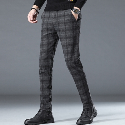 百尊英伦格子男裤子2025年冬季新款男士直筒毛呢休闲长裤加绒加厚