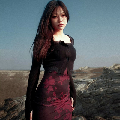 蕾丝荷叶边针织方领开衫