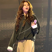 女宽松长袖 韩国sana同款 绿色条纹POLO衫 休闲设计感上衣百搭不挑人