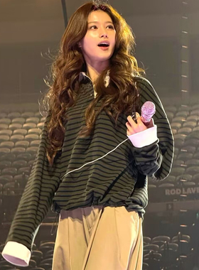 韩国sana同款绿色条纹POLO衫女宽松长袖休闲设计感上衣百搭不挑人