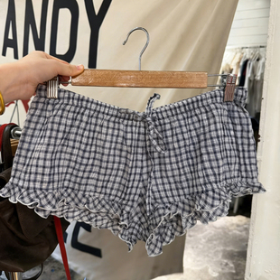 韩系少女蛋糕短裤 BM感新款 格子松紧腰系带荷叶边休闲短裤