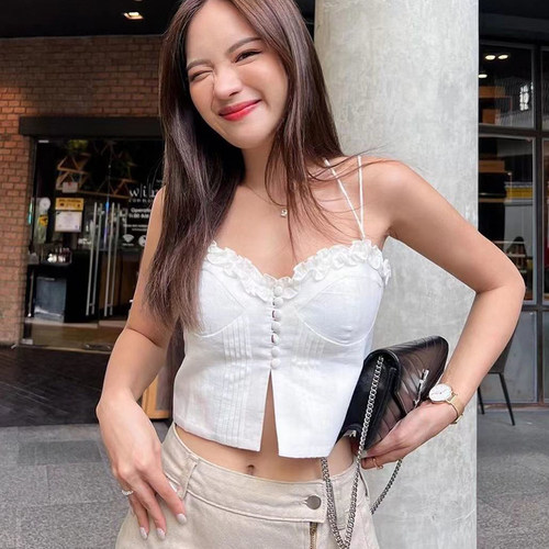 性感系带开叉露脐吊带背心
