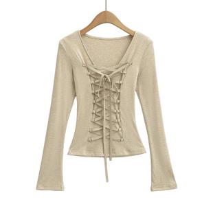 高级感纯棉御姐交叉绑带上衣收腰显瘦纯欲辣妹浅色系内搭T恤女