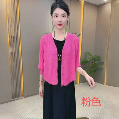 夏季新款长袖冰丝薄款上衣时尚年轻妈妈V领洋气流苏上衣开衫外套
