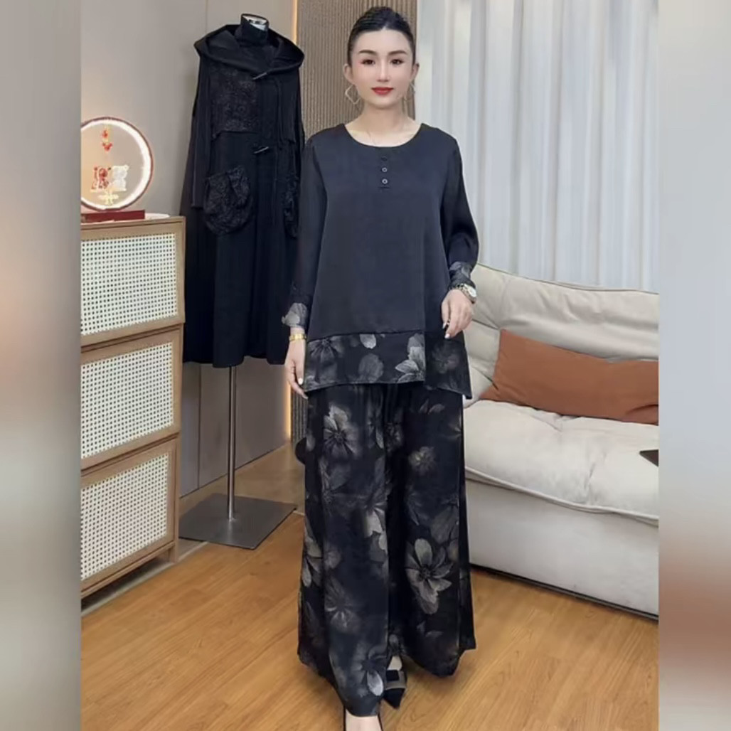 国风新款复古夏季醋酸真丝妈妈时尚洋气宽松上衣高腰阔腿裤两件套