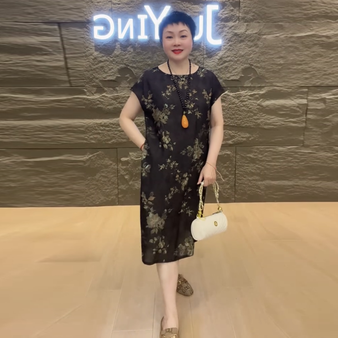 夏季中老年妈妈装短袖气质连衣裙时尚宽松大版遮肉天丝棉过膝长裙
